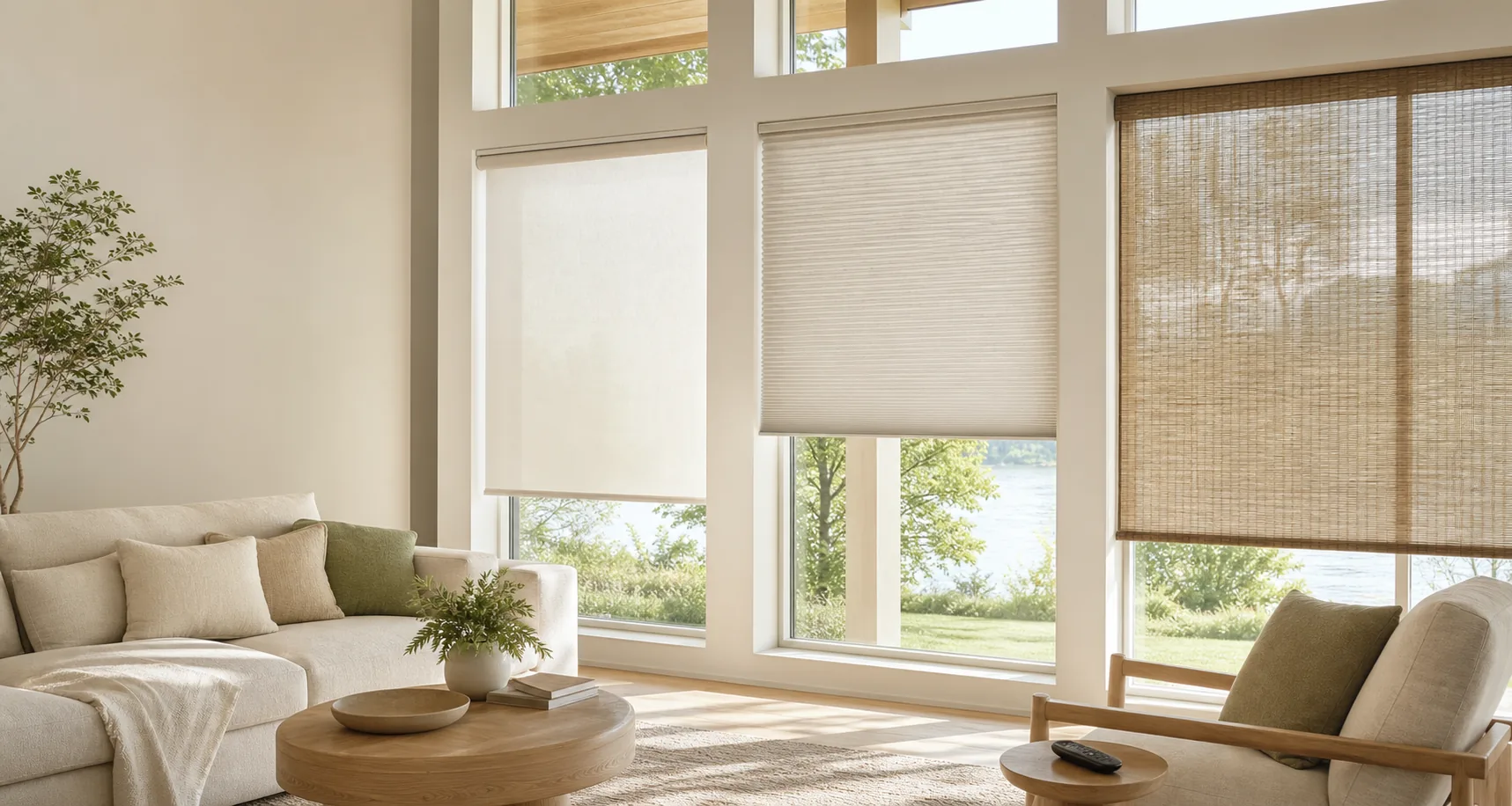 Bright living room with roller, cellular, and woven window shade styles